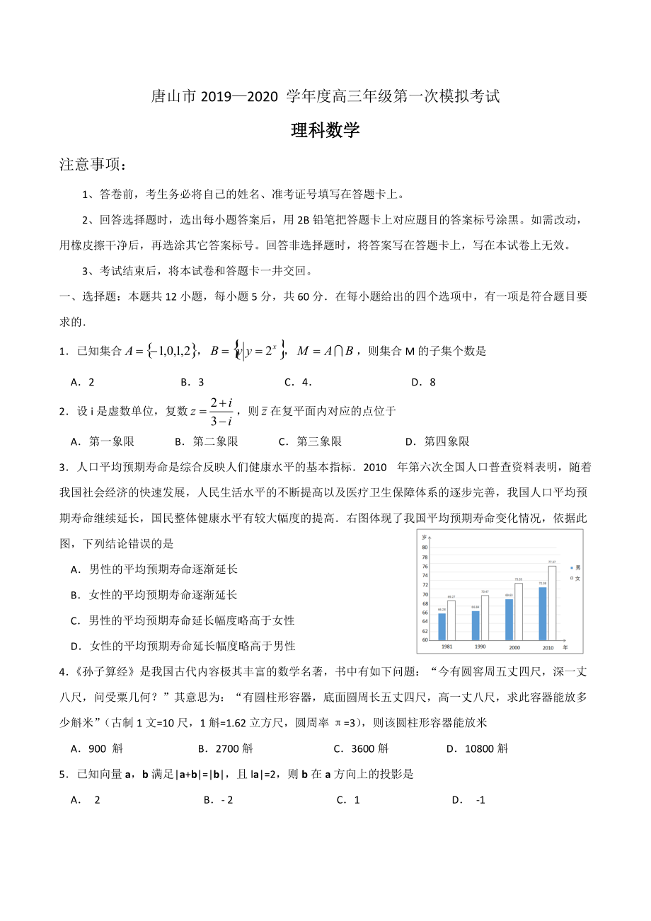 河北省唐山市2020高三第一次模拟考试数学理试题2_第1页