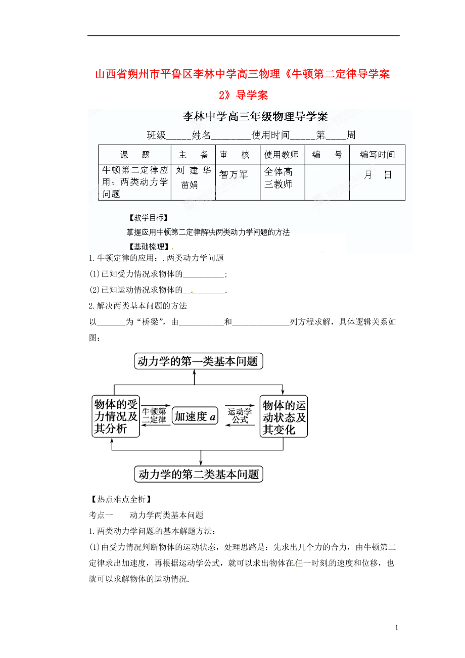 山西省朔州市平魯區(qū)李林中學(xué)高三物理牛頓第二定律導(dǎo)學(xué)案2導(dǎo)學(xué)案_第1頁