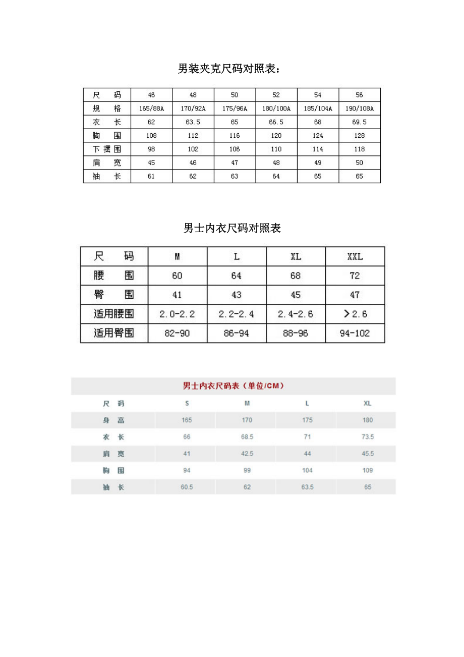 男士内衣尺码对照表