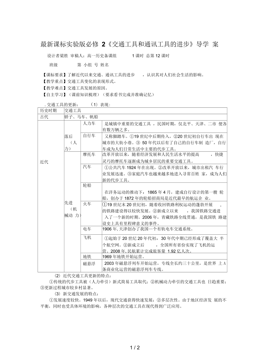 課標(biāo)實驗版必修2《交通工具和通訊工具的進步》導(dǎo)學(xué)案_第1頁