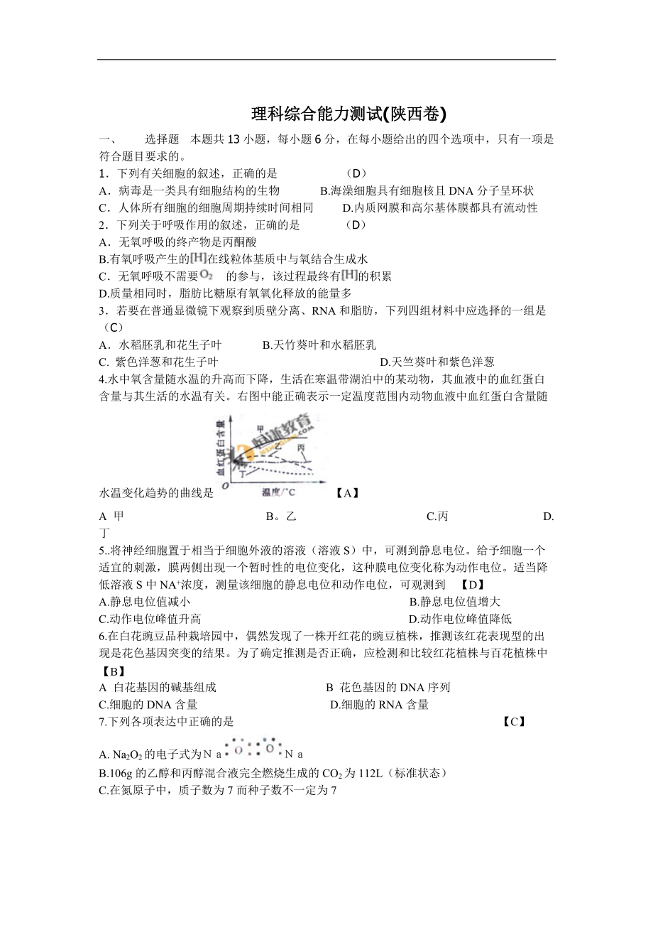 高考陜西真題理綜_第1頁(yè)