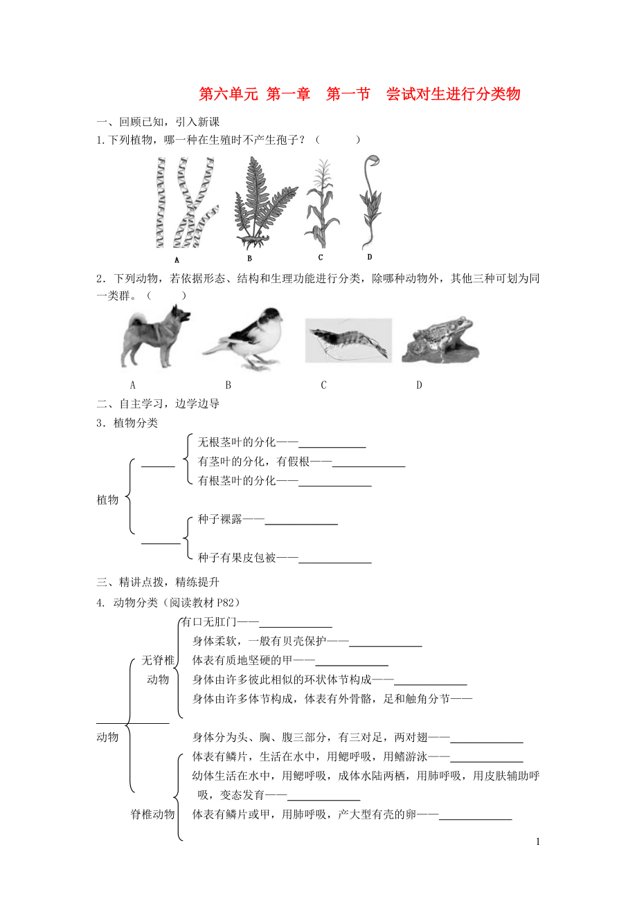 八年级生物上册第六单元第一章第一节尝试对生进行分类物学案无答案新版新人教版_第1页