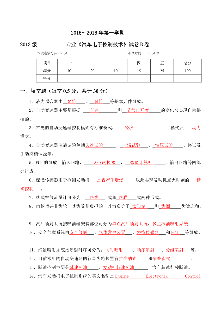 《汽車電子控制技術(shù)》試卷-含答案(總62頁(yè))_第1頁(yè)