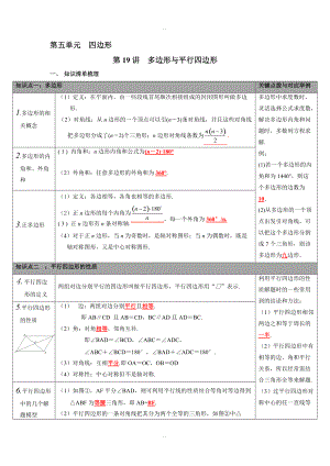 人教版九年級數(shù)學(xué)下冊：全冊中考知識點梳理-第19講 多邊形與平行四邊形