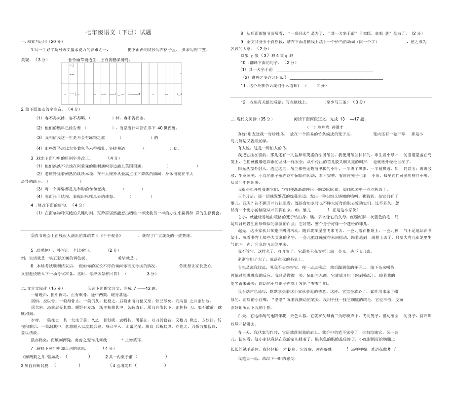 七年級(jí)語(yǔ)文(下冊(cè))試題_第1頁(yè)