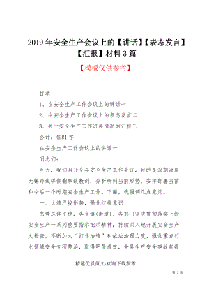 2019年安全生產(chǎn)會(huì)議上的【講話】【表態(tài)發(fā)言】【匯報(bào)】材料3篇