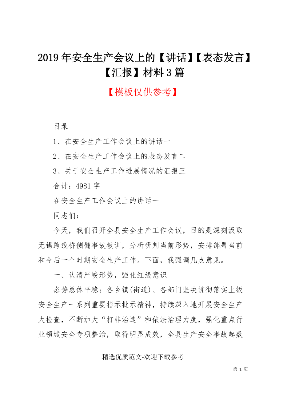 2019年安全生產(chǎn)會議上的【講話】【表態(tài)發(fā)言】【匯報】材料3篇_第1頁