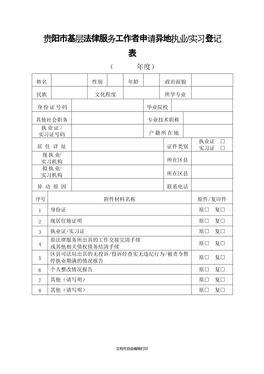 贵阳市基层法律服务工作者申请异地执业实习登记表_第1页