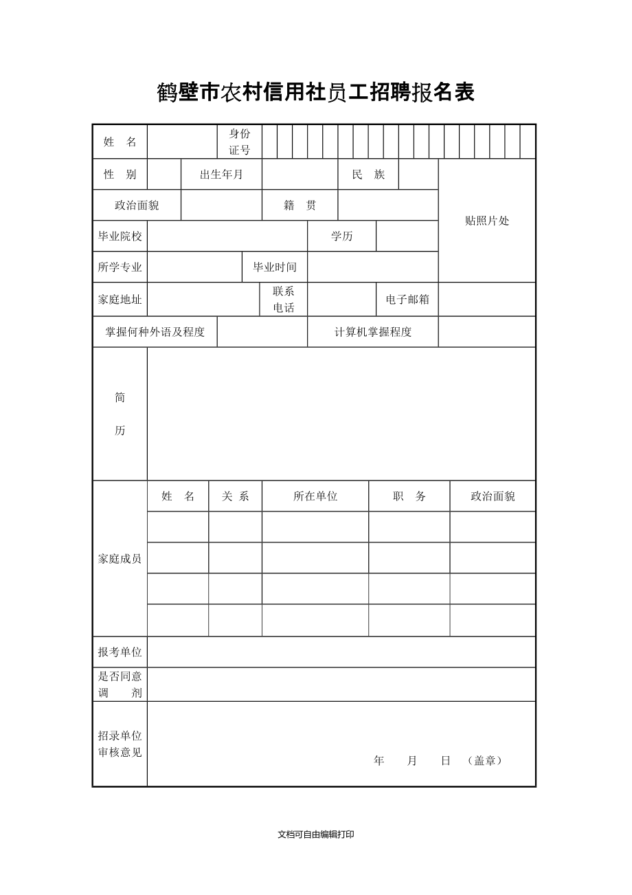 鶴壁市農村信用社員工招聘報名表