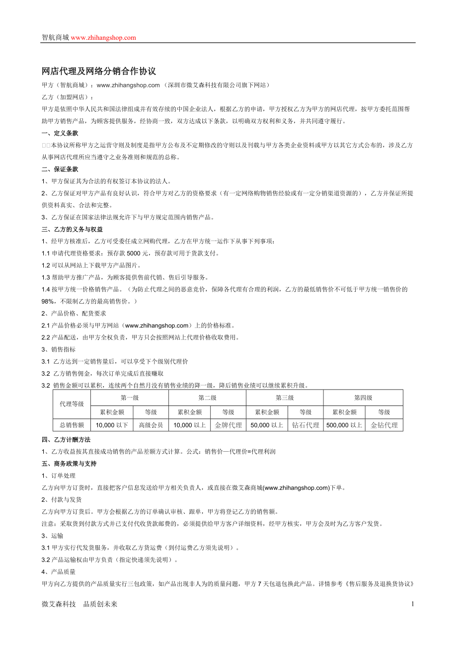 网店代理及网络分销合作协议_第1页