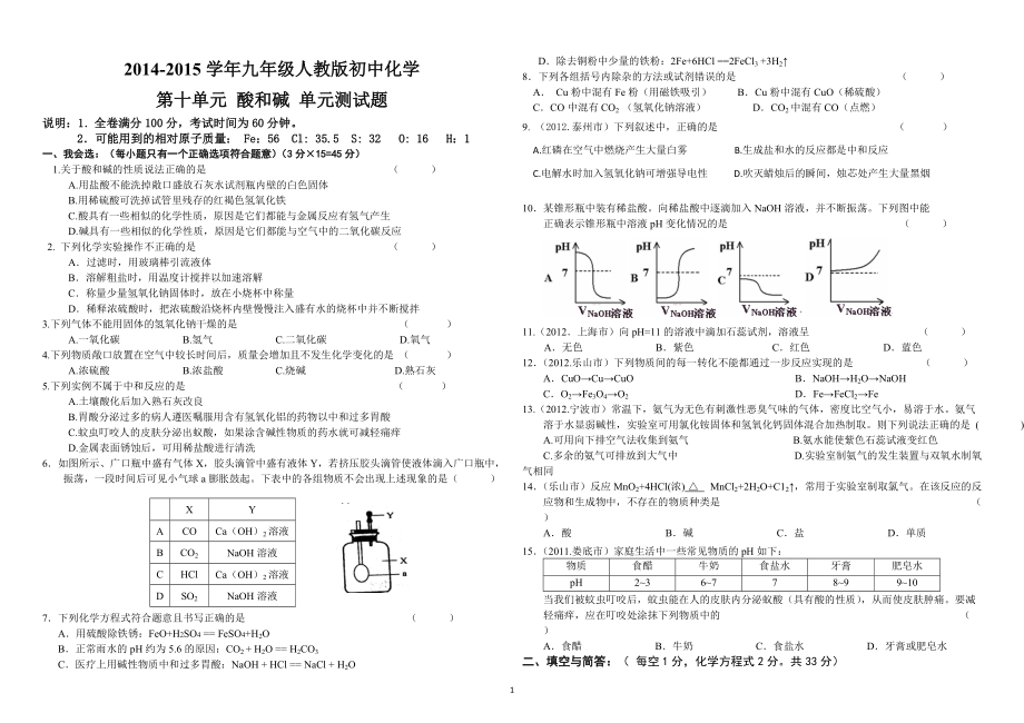 九年級(jí)下冊(cè)人教版初三化學(xué)第十單元 酸和堿 單元測(cè)試題及答案_第1頁(yè)