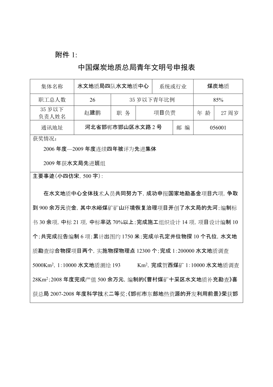 中国煤炭地质总局青年文明号申报表