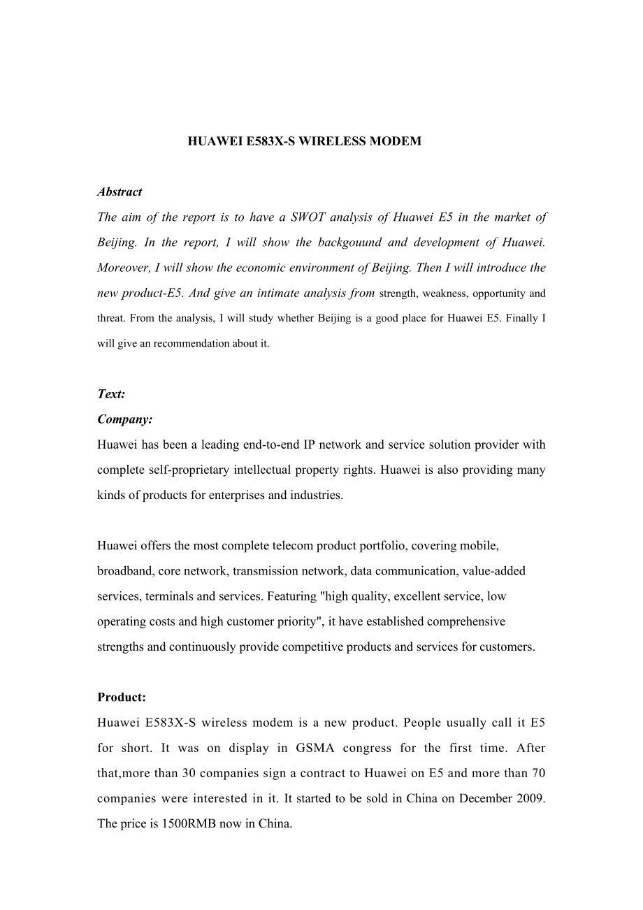 市场营销SWOT分析英文版HUAWEIE583XSWIRELESS_第1页