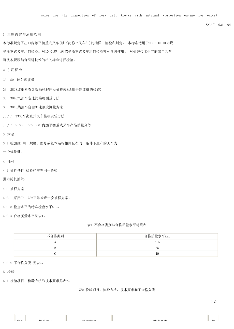 【SN商檢標(biāo)準(zhǔn)】snt 03171994 出口內(nèi)燃平衡重式叉車檢驗規(guī)程_第1頁