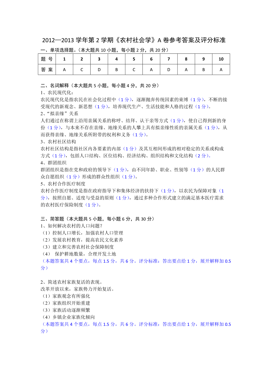 农村社会学：13 (答案)_第1页