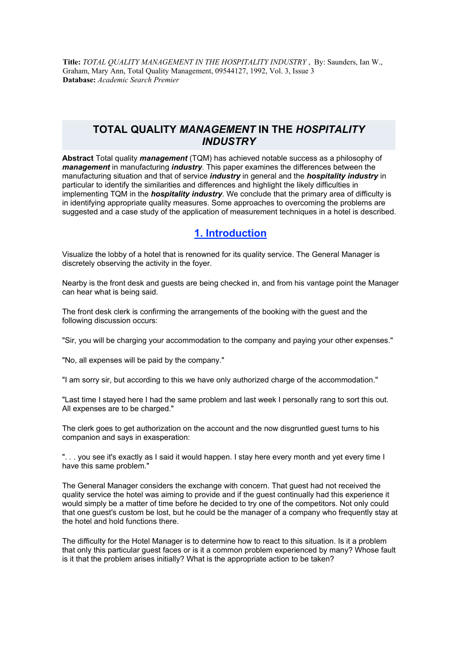 TITLETOTALQUALITYMANAGEMENTINTHEHOSPITALITY..._第1页