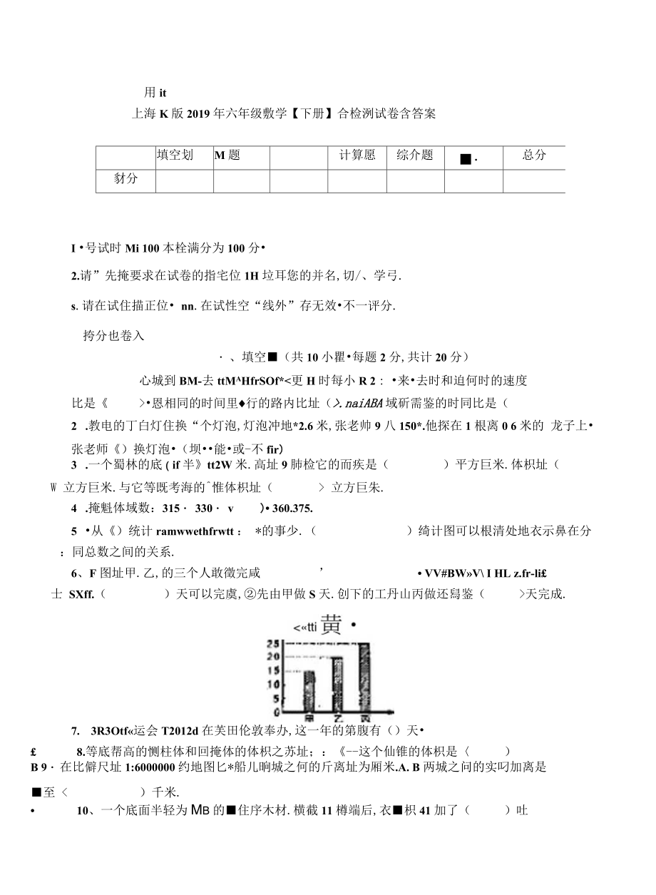 上海教育版六年级数学【下册】综合检测试卷含答案_第1页