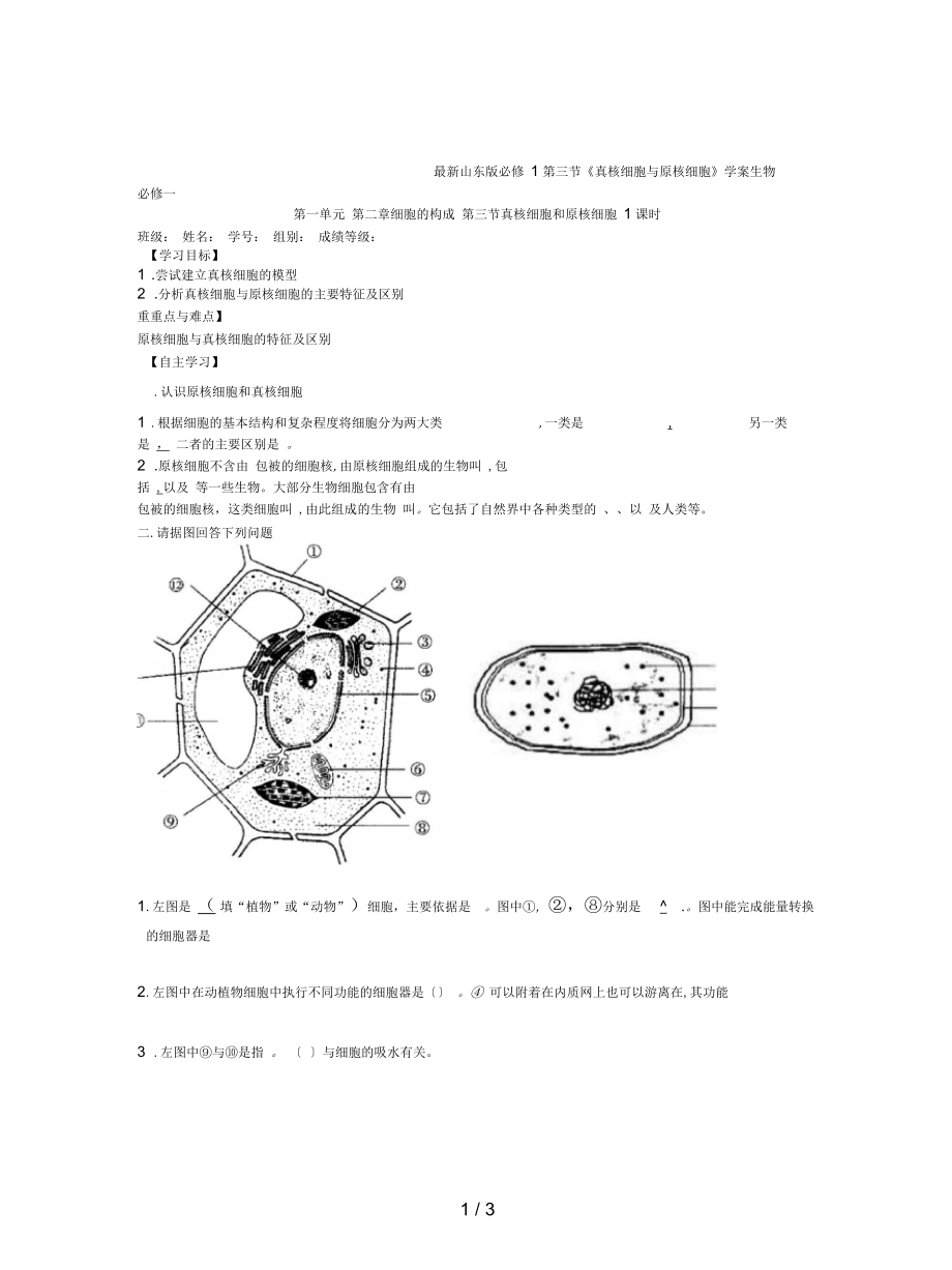 山東版必修1第三節(jié)《真核細(xì)胞與原核細(xì)胞》學(xué)案_第1頁