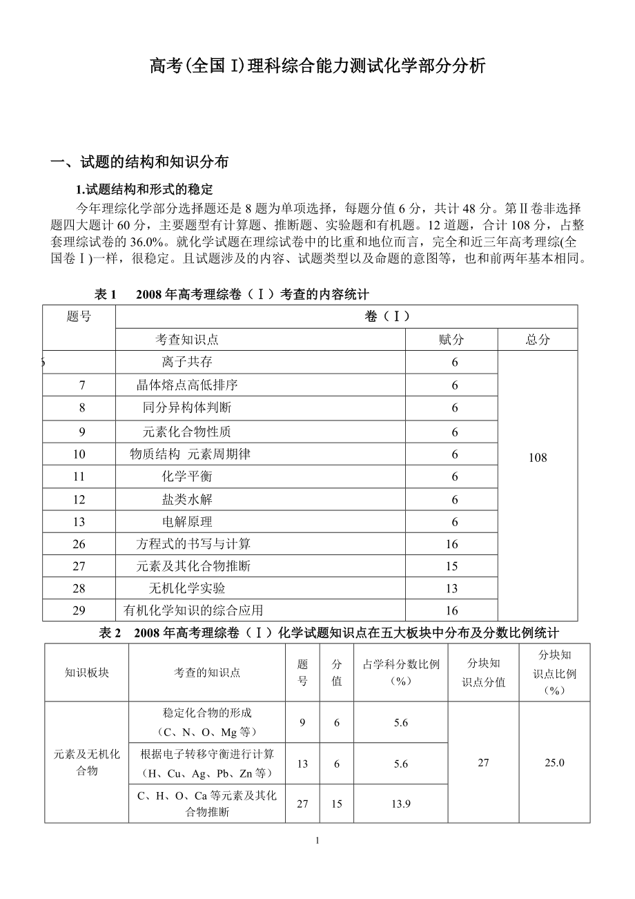 高考(全国I)理科综合能力测试化学部分分析（_第1页