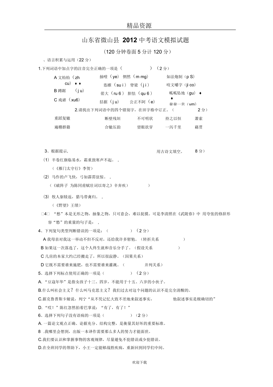 山东省微山县中考语文模拟试题_第1页