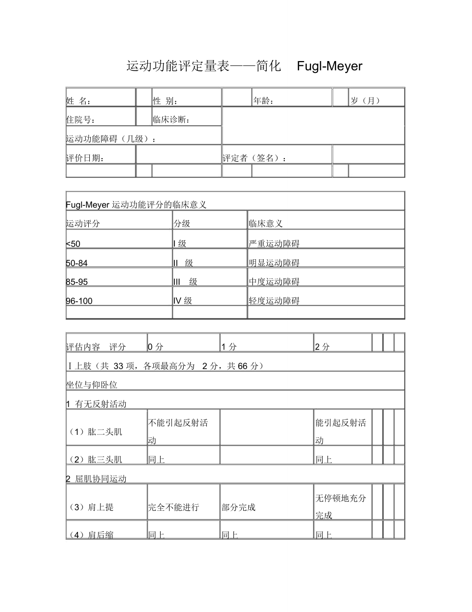 运动功能评定量表——简化Fugl-Meyer_第1页