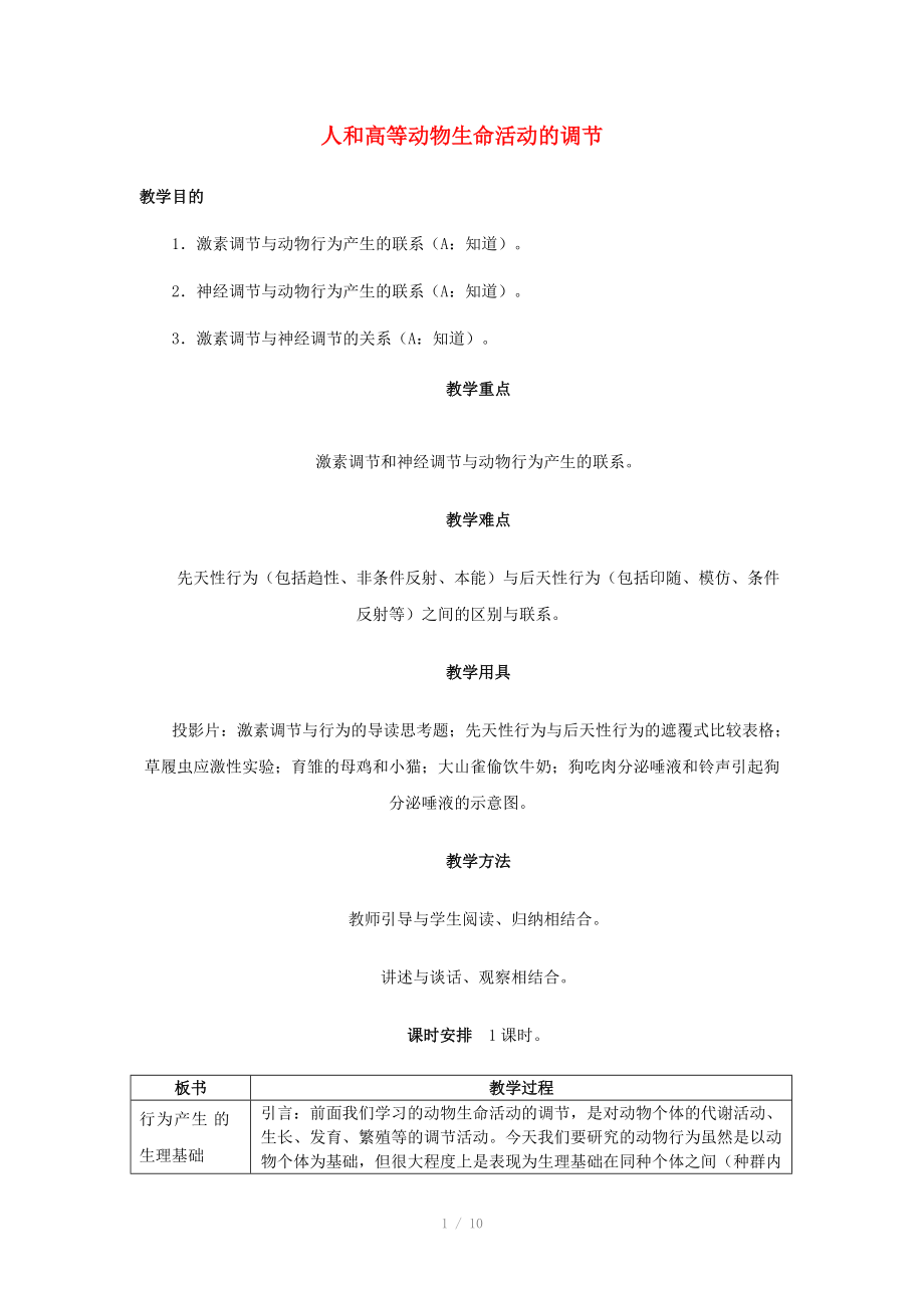 重庆市荣昌安富中学2014届高一生物 人和高等动物生命活动的调节 动物行为产生的生理基础教案_第1页