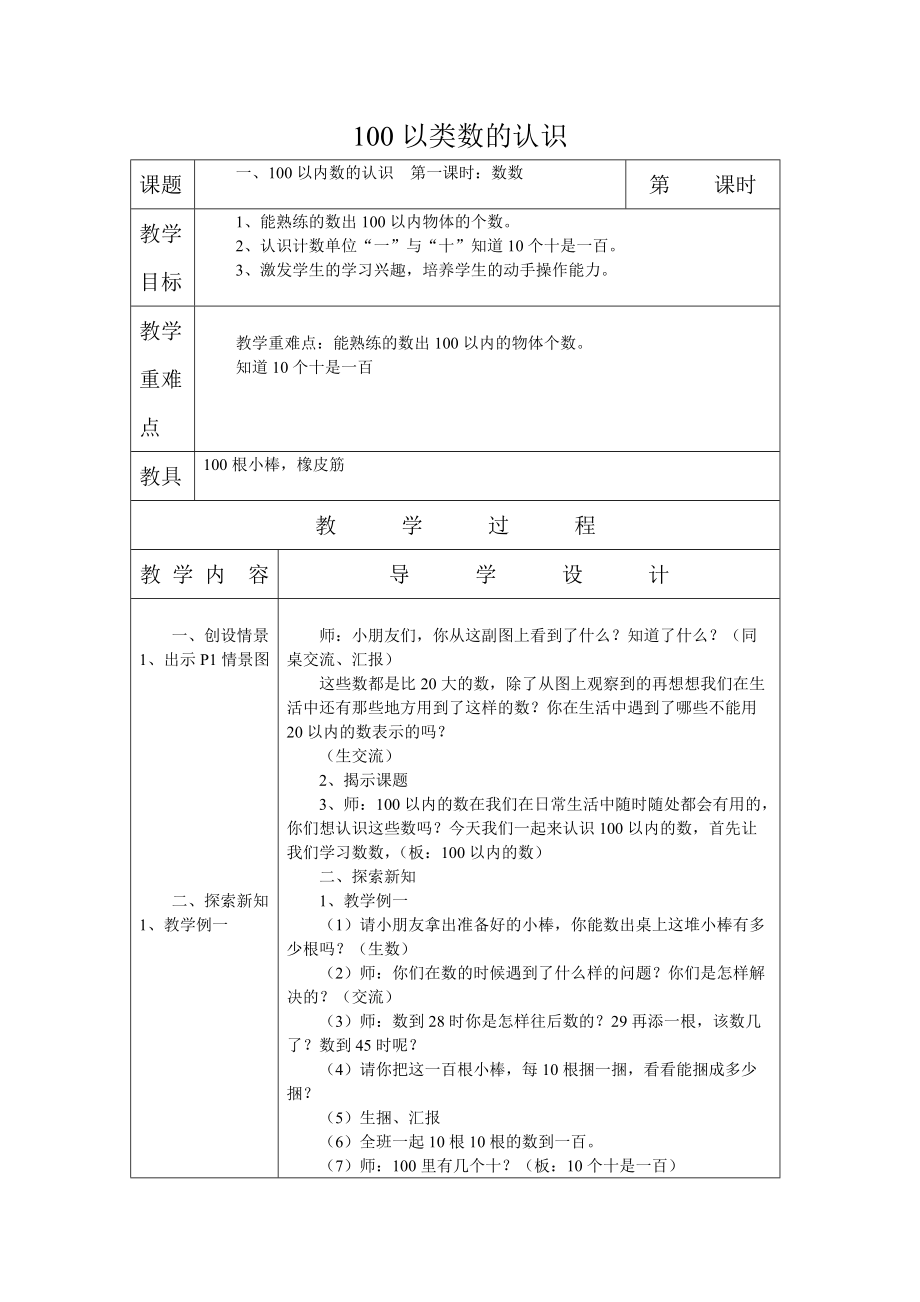 西师版一年级数学下册全册表格式教案(西师版)_第1页