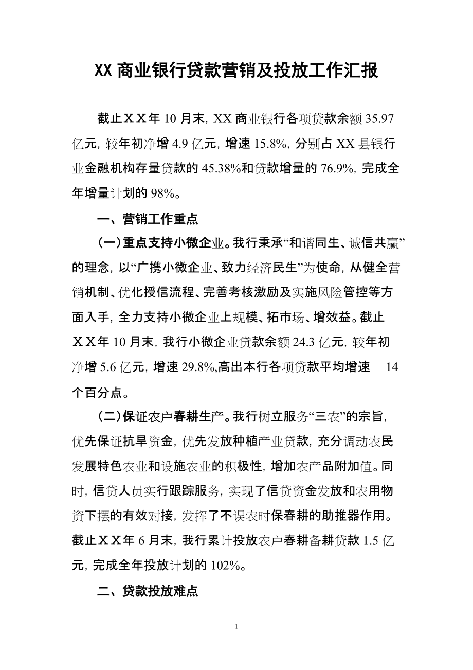 商业银行贷款营销及投放工作汇报_第1页