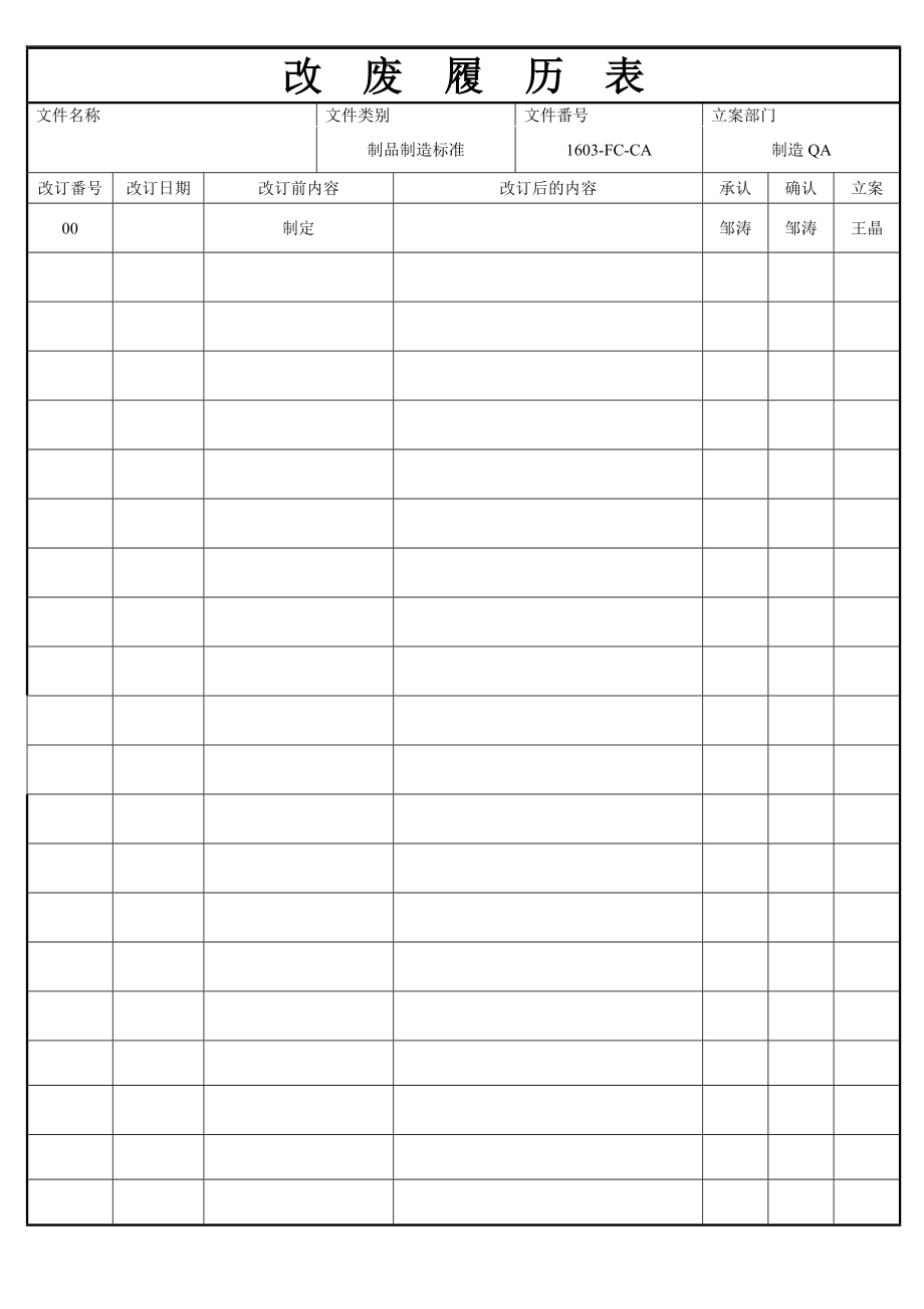 03165质量管理体系认证三级文件表格QA制造标准样式（纵向）、制品制造标准_第1页