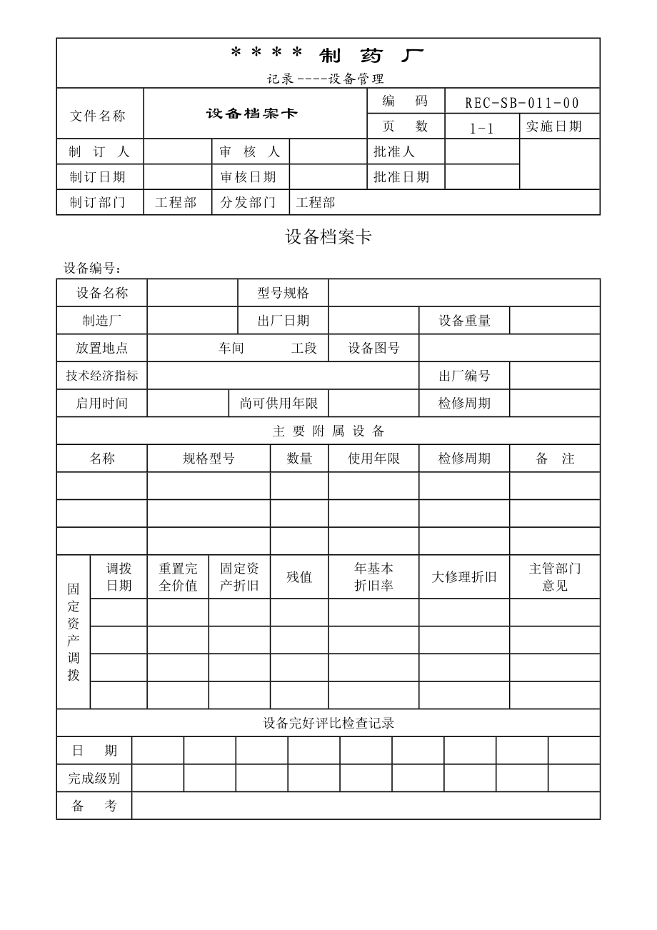 011設(shè)備檔案卡[設(shè)備管理記錄]_第1頁