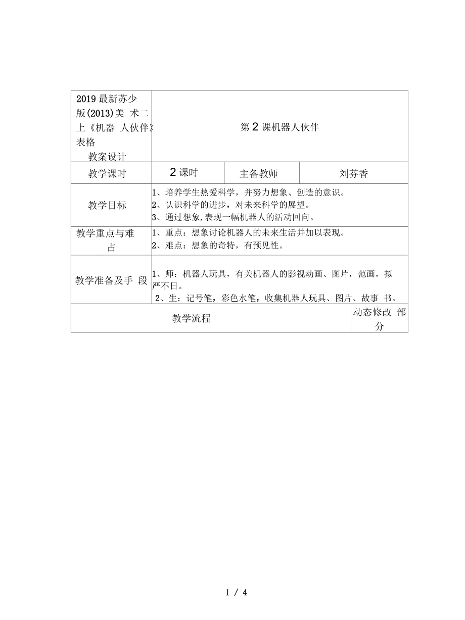 苏少版美术二上《机器人伙伴》表格教案设计_第1页