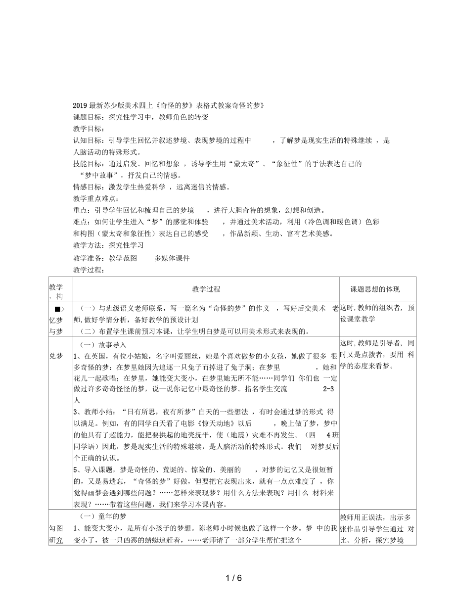 蘇少版美術(shù)四上《奇怪的夢(mèng)》表格式教案_第1頁(yè)