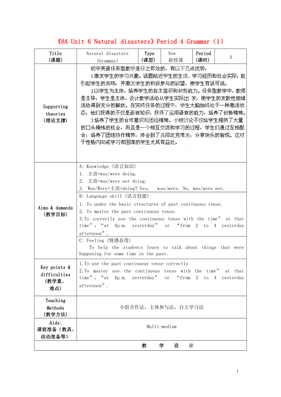 江蘇省海安縣大公初級(jí)中學(xué)八年級(jí)英語上冊(cè)《8A Unit 6 Natural disasters》Period 4 Grammar（1）教案 牛津版_第1頁