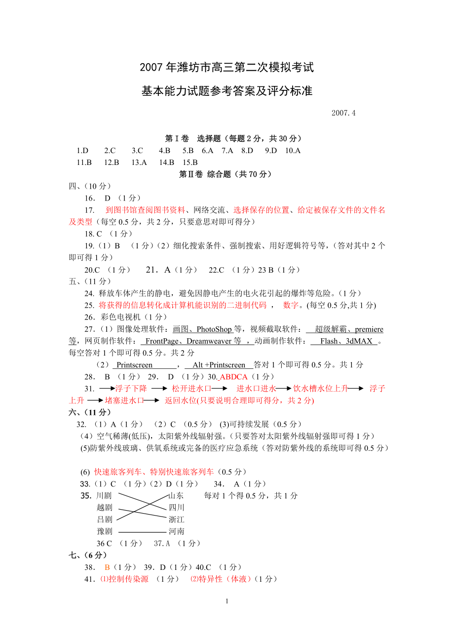 潍坊市高三第二次模拟考试基本能力试题答案_第1页
