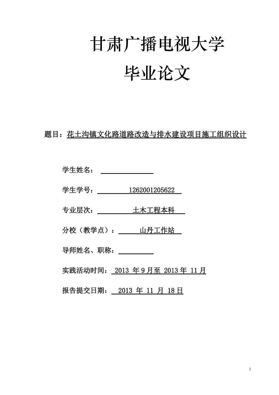 花土沟镇文化路道路改造与排水建设项目施工组织设计毕业论文_第1页