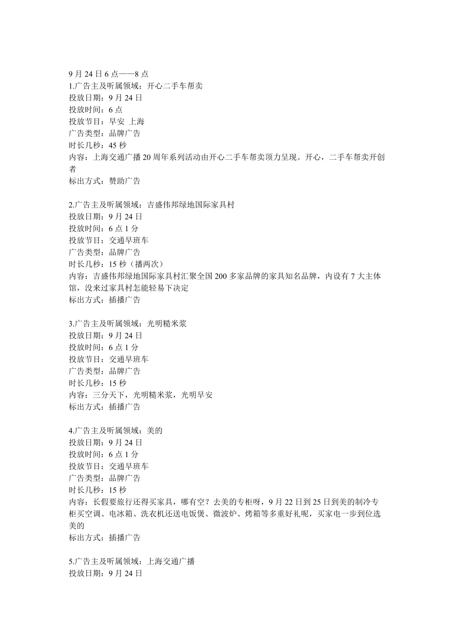 9月24日至9月26日上海交通广播广告统计_第1页