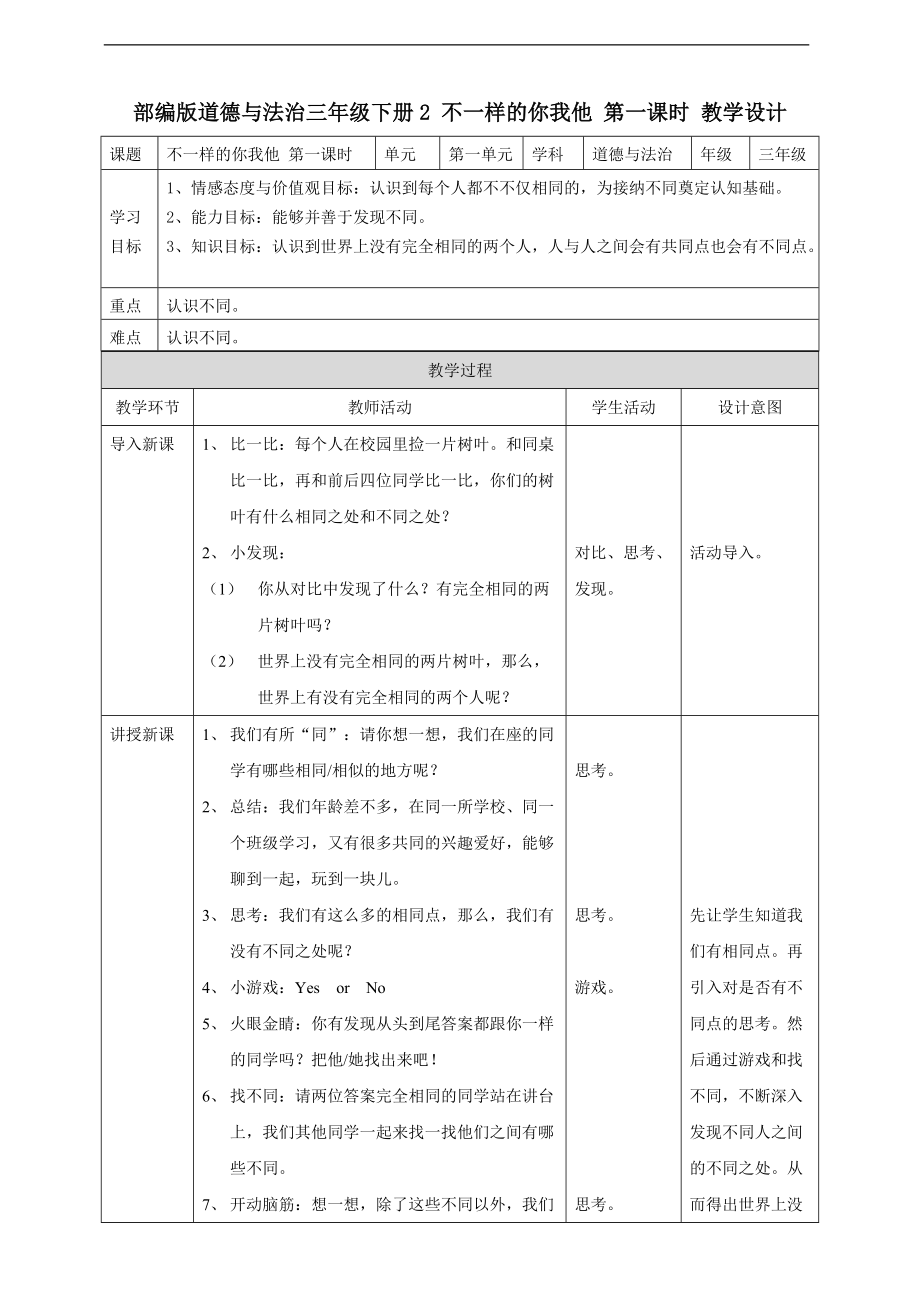 2 不一样的你我他 第一课时 教案_第1页