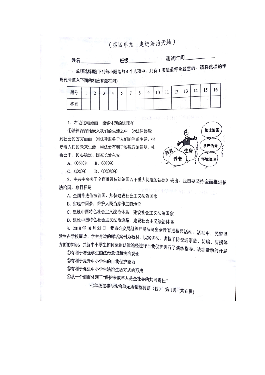 道法七下第四單元 走進(jìn)法治天地 測試題（掃描版）_第1頁