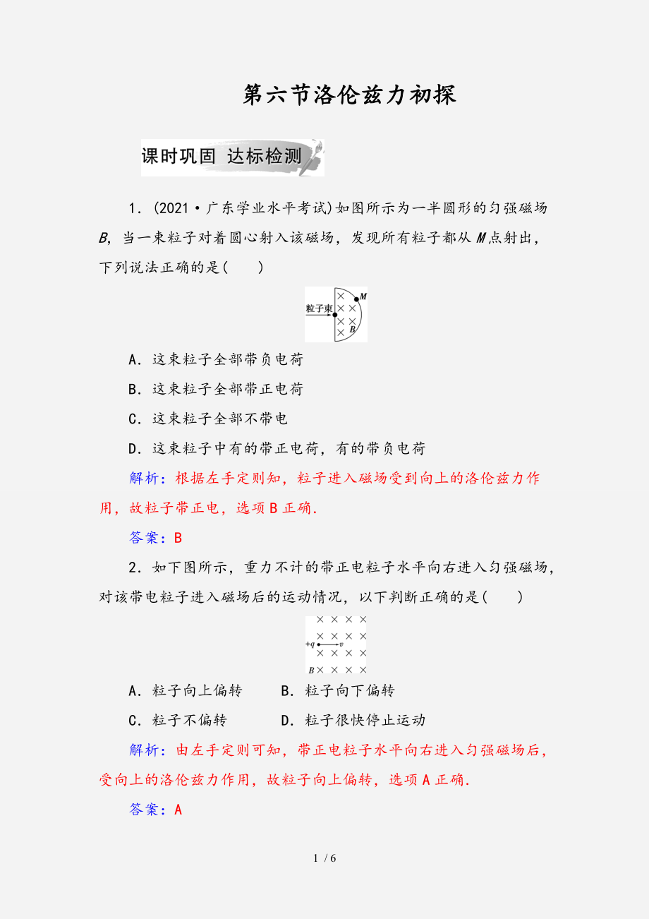 20202021高中物理第一章電與磁第六節(jié)洛倫茲力初探課時鞏固粵教版選修1經典實用_第1頁