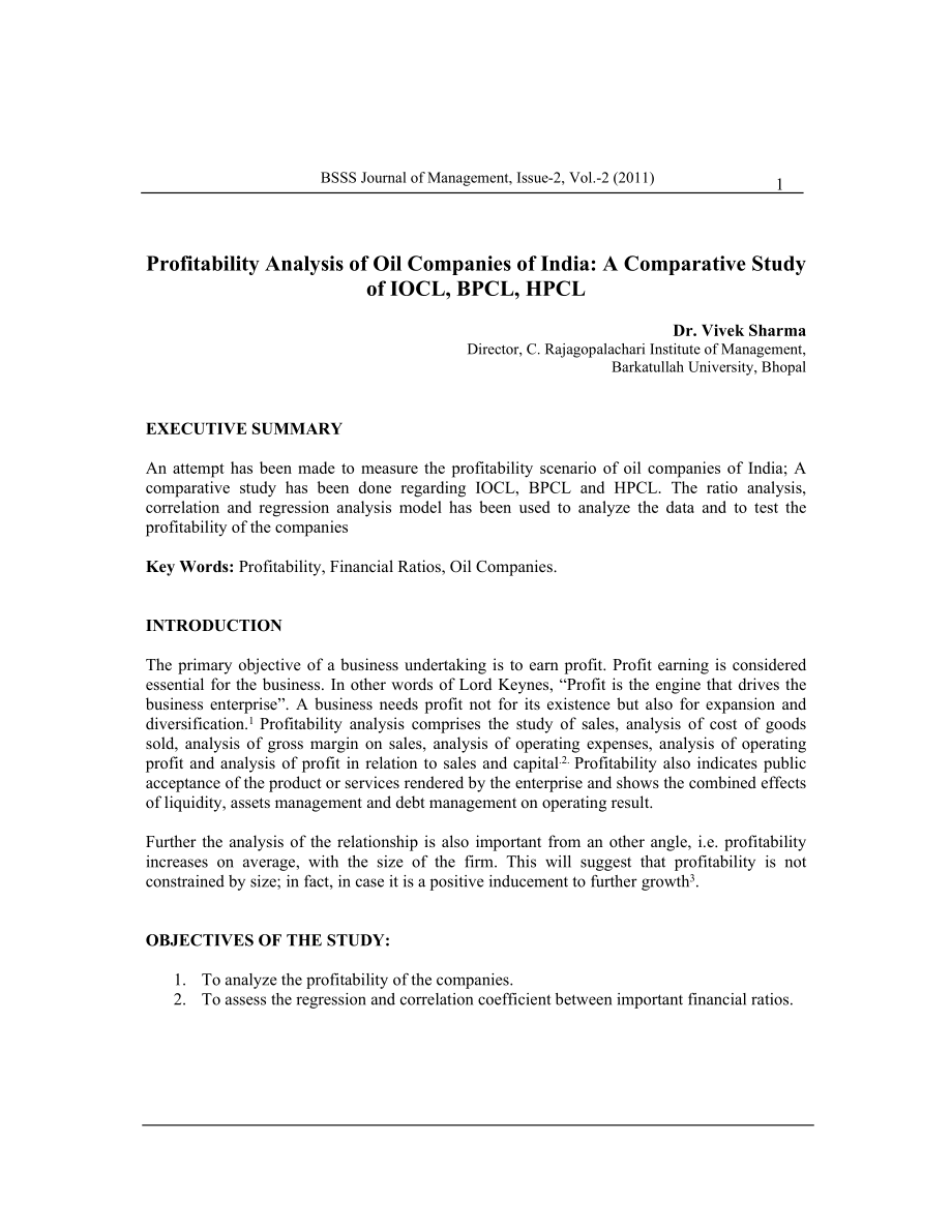 Profitability Analysis of Oil Companies of India A Comparative Study of IOCL, BPCL, HPCL_第1页