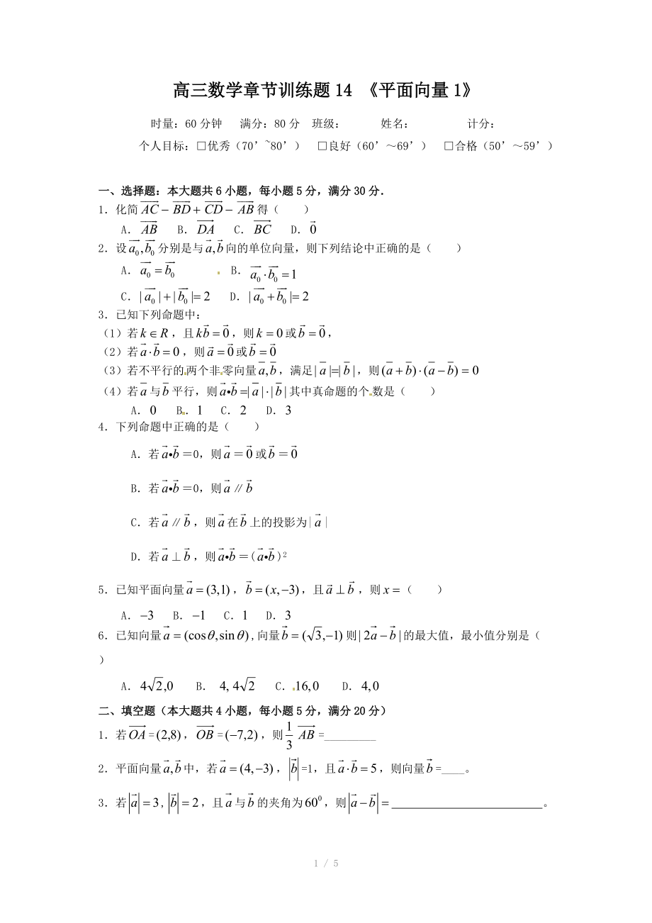 高中数学分章节训练试题：14平面向量_第1页