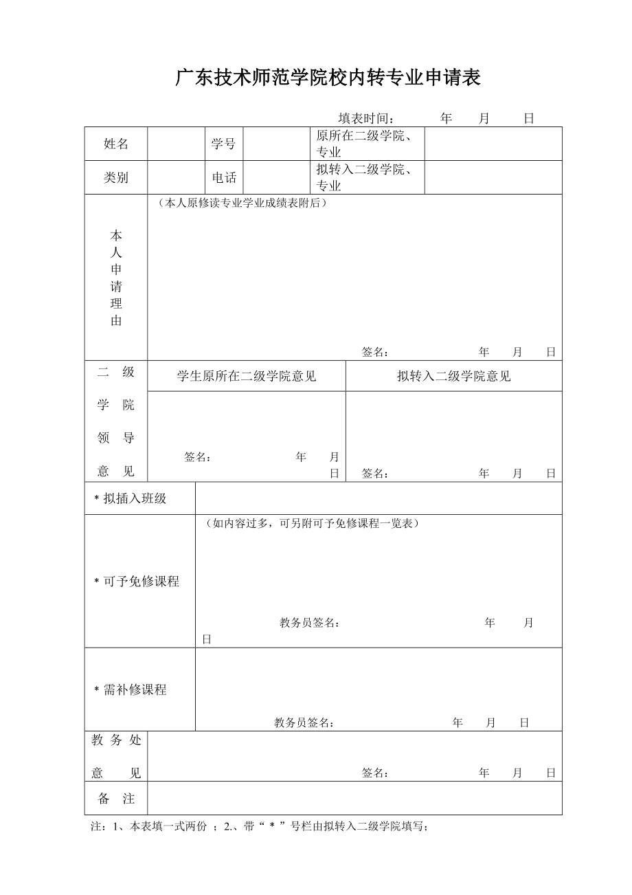 广东技术师范学院校内转专业申请表_第1页