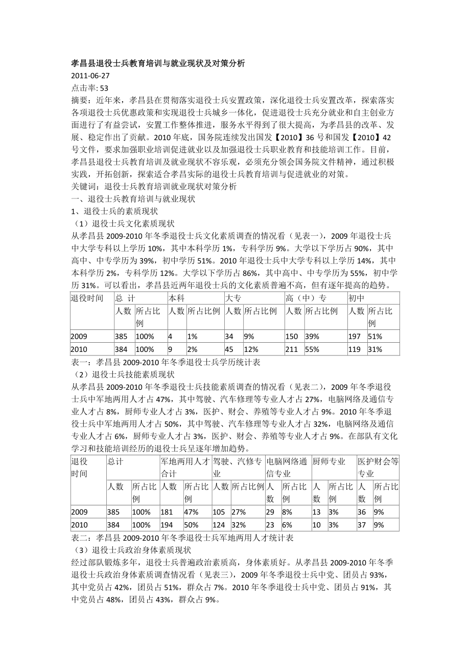 [调研报告]孝昌县退役士兵教育培训与就业现状及对策分析_第1页