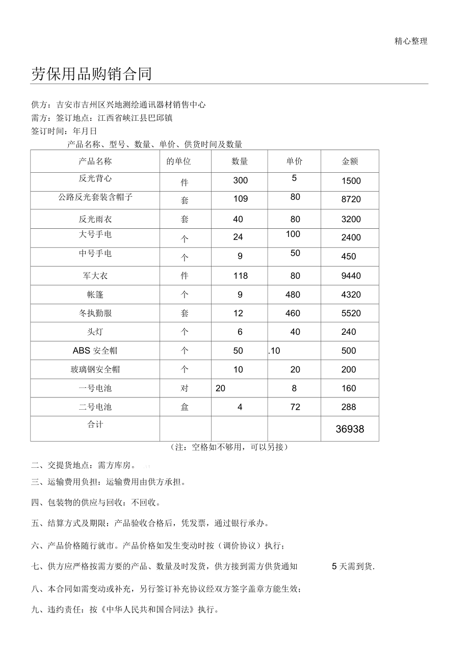 劳保用品购销协议模板合同_第1页