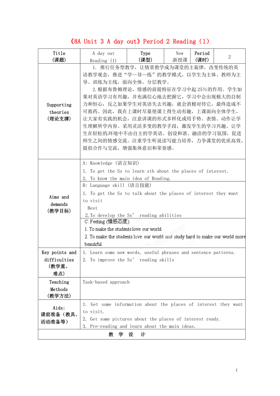 江蘇省海安縣大公初級中學(xué)八年級英語上冊《8A Unit 3 A day out》Period 2 Reading（1）教案 牛津版_第1頁