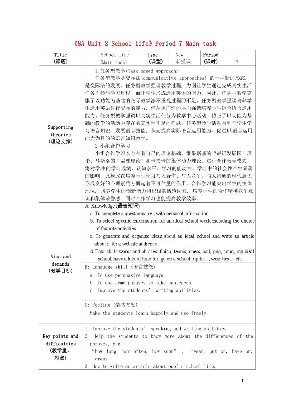 江苏省海安县大公初级中学八年级英语上册《8A Unit 2 School life》Period 7 Main task教案 牛津版_第1页