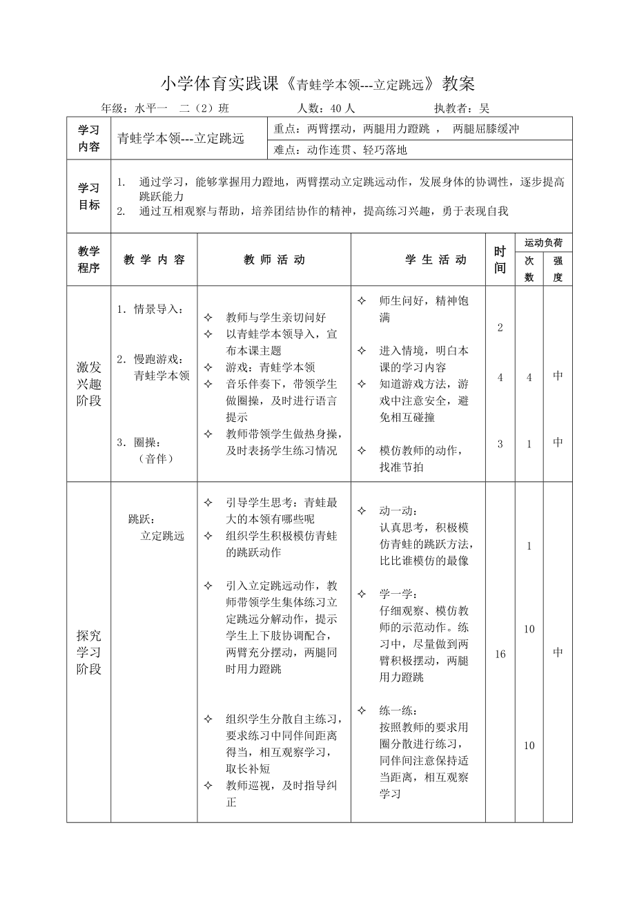 小学体育实践课《青蛙学本领立定跳远》教案_第1页