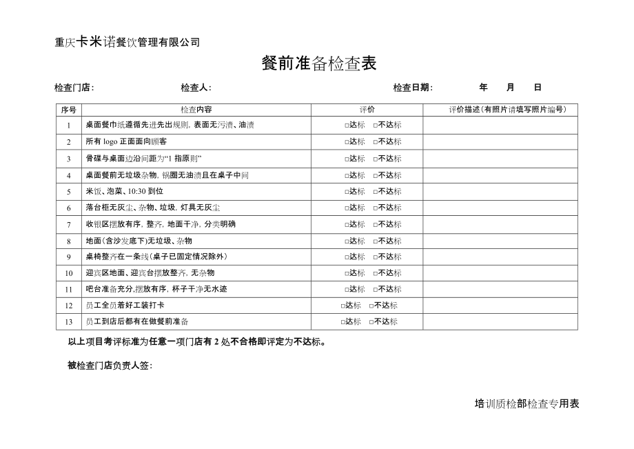 巡店检查表模板图片