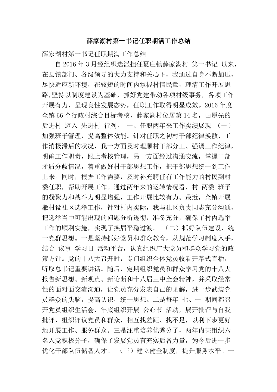 薛家湖村第一书记任职期满工作总结(精简篇）_第1页