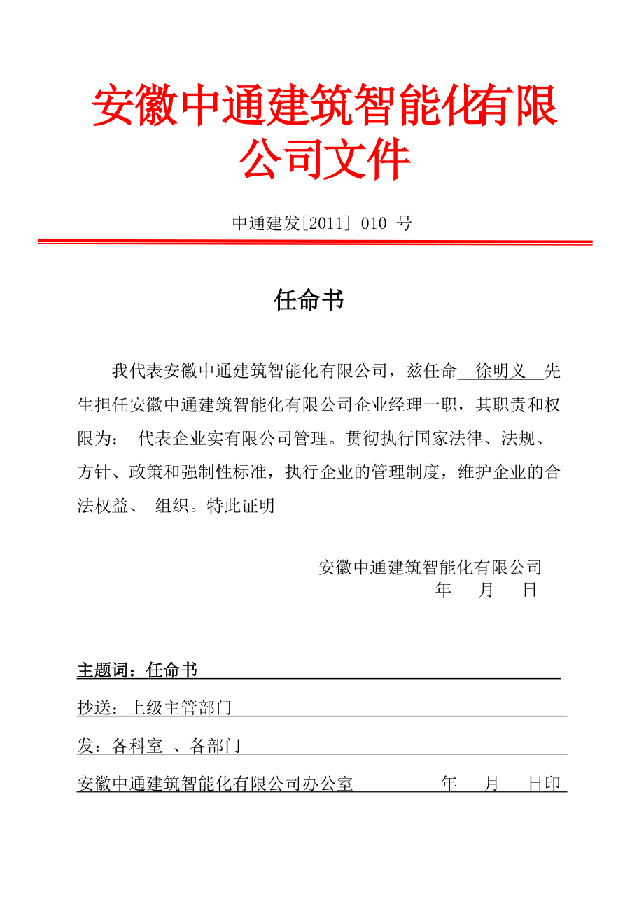 公司红头文件任命书集中录